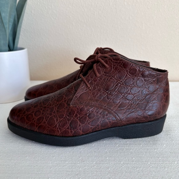 New Trotters Jill Brown Croc Texture Leather Ankle Vintage Booties Women’s 5.5W - Picture 3 of 13